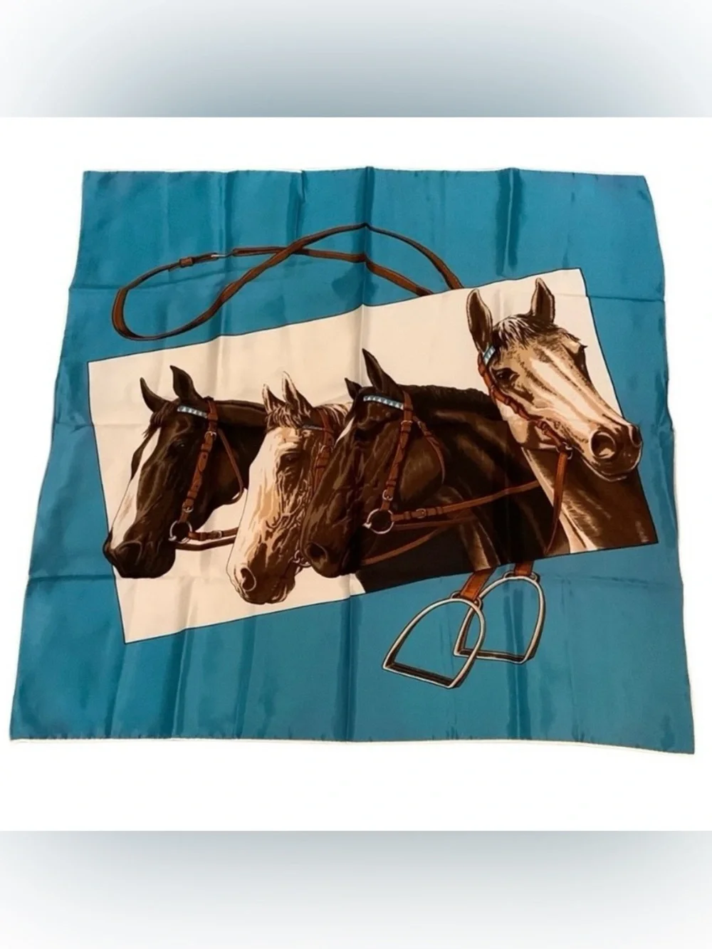 Equestrian Horse Scarf Neckerchief Hand Printed Made In Japan Western Blue Brown